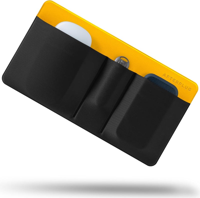 Afterplug 3-Pocket Storage Pouch, Adhesive Laptop Accessory Organizer, for Portable HDD, SSD, USB Drive, Mouse, Cables - Black & Yellow - Image 1